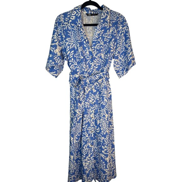 ZARA Large Blue & White Floral Belted Button-Down Midi Dress L Linen Blend Moroc - Picture 9 of 16
